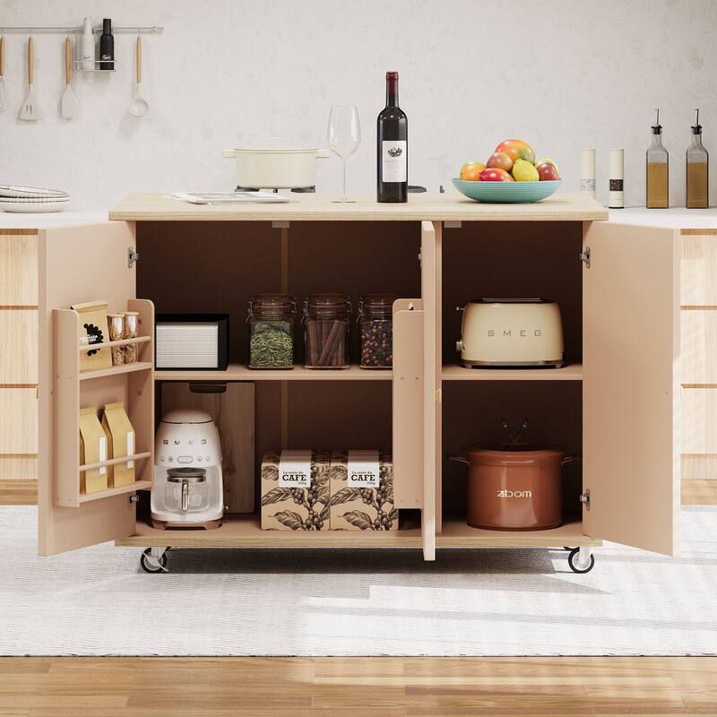 Rolling Kitchen Island with Drop Leaf, Ash Veneer Handwoven Doors, Internal Storage Rack, and Wheels - 51.2" Coastal Design