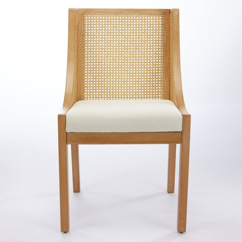 Rattan Dining Chairs, Solid Wood Frame Chairs with Armrests, Linen Upholstered Kitchen Chairs, Rustic Wooden Side Chairs