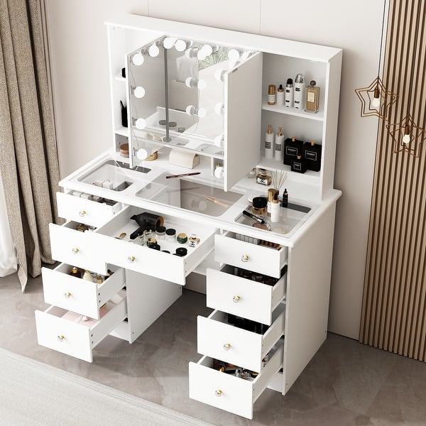 makeup dresser Snhomee Vanity Desk with Mirror&Lights, Makeup Vanity with 5 Fabric Drawers, Charging Port & Hair Dryer Rack, for Bedroom or Dressing Room Black