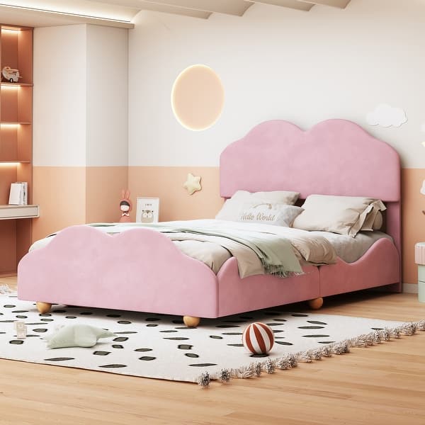 slide 2 of 9, Light Pink Full Size Velvet Upholstered Platform Bed with Cloud Shape Full - Light Pink