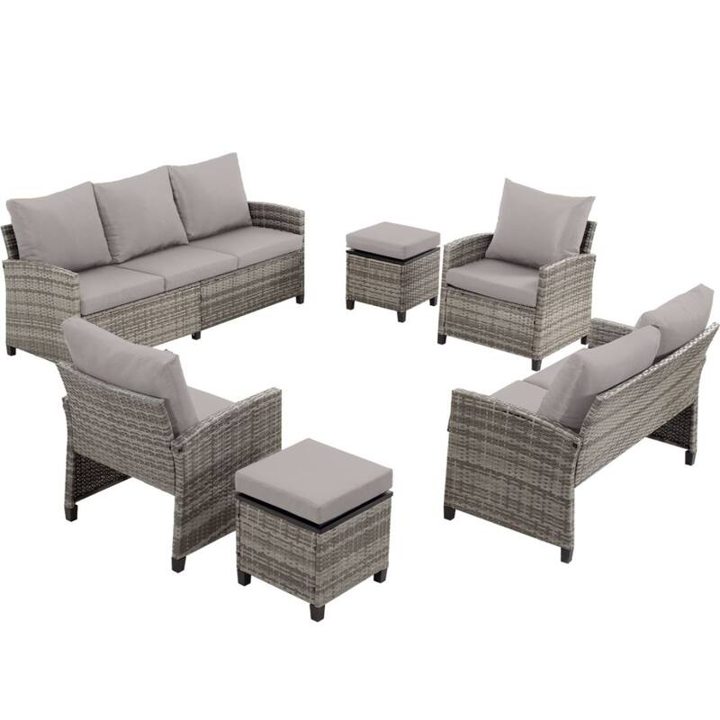 6pcs Wicker Patio Conversation Set Seating Loveseat Sofa with Ottomans