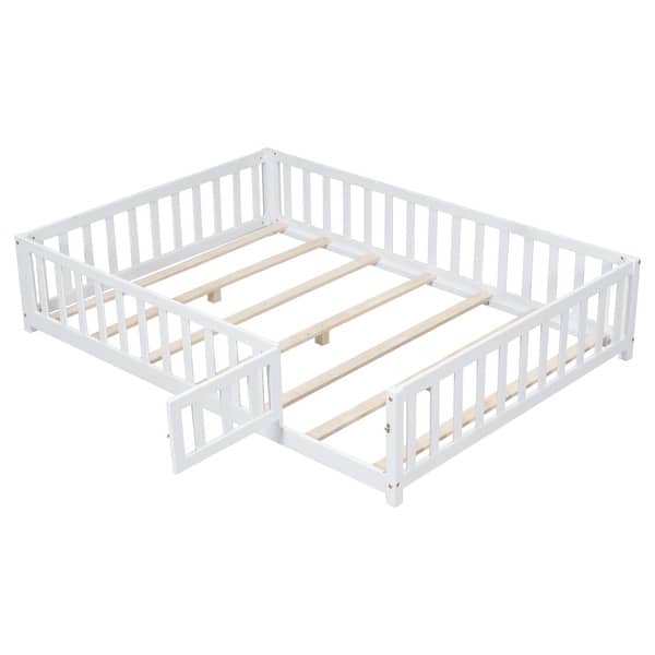 slide 2 of 8, Floor Platform Bed with Fence and Door for kids Toddlers, Full Size White - Full