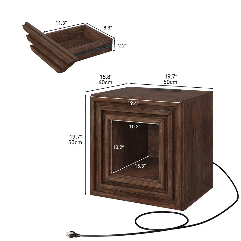 Moasis Farmhouse End Table Sofa Side Table with Drawer and Charging Station