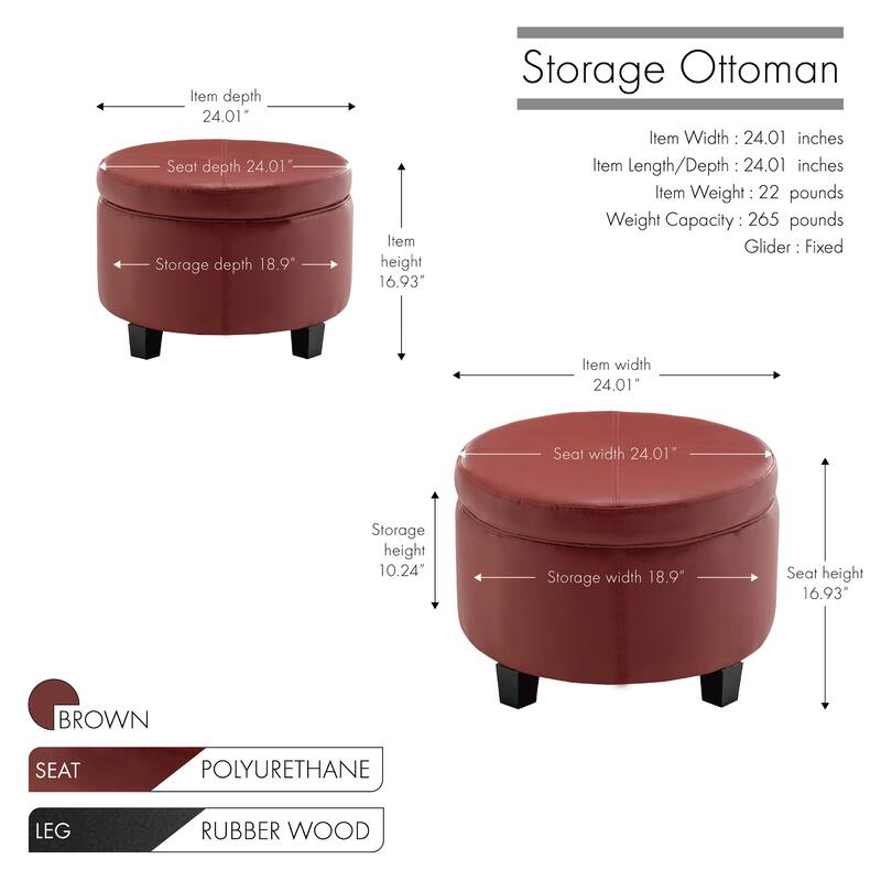Porthos Home Donn Faux Leather Round Storage Ottoman with Rubberwood Legs