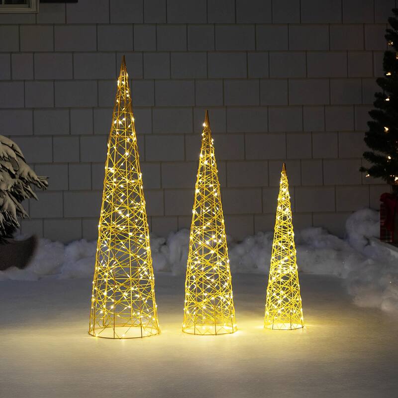 3 LED Twinkle Lighted Gold Mesh Cone Trees Christmas Decors 39.5"