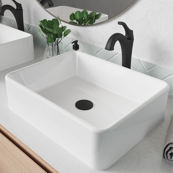 Kraus 3-in-1 Set White Rectangle Ceramic Sink, Arlo Faucet w/Drain. Opens flyout.