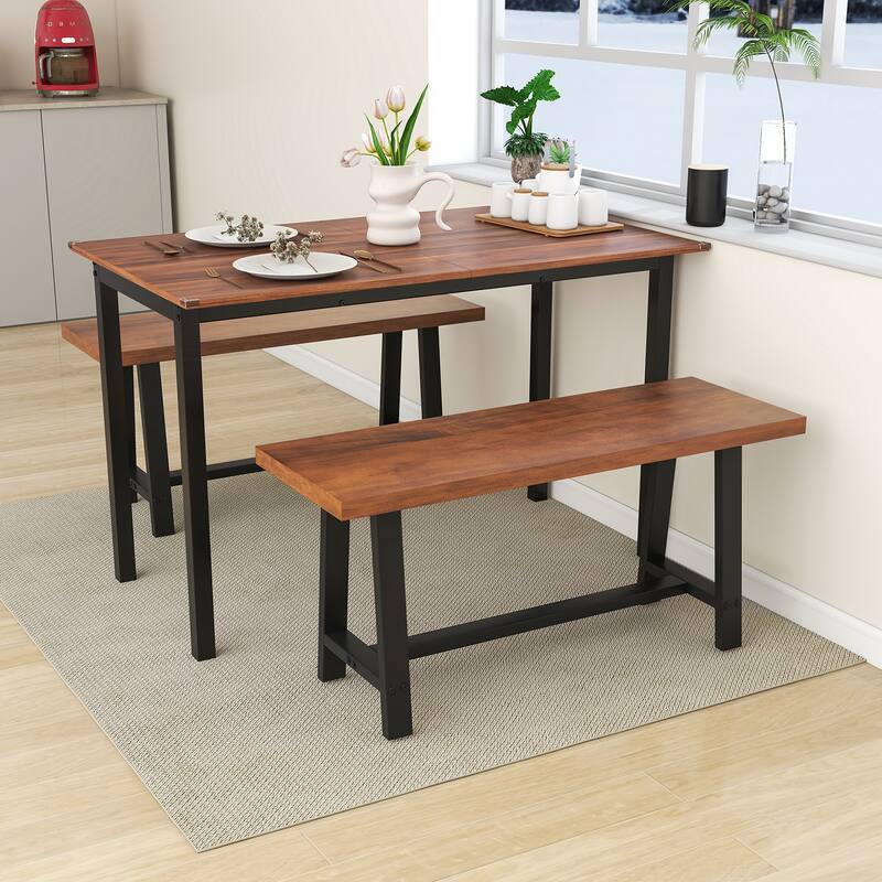 Walnut and Black Entryway Bench with Thick MDF Seat and Metal Frame for Living Room or Foyer