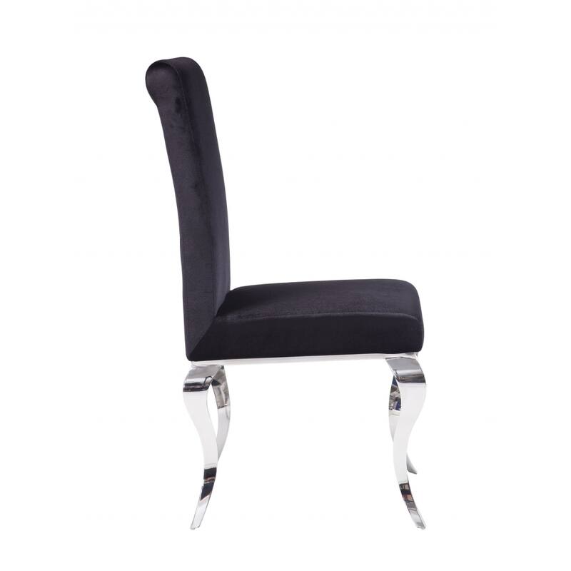 Set of 2 Black Upholstered Dining Chairs with Silver Stainless Steel Legs and Solid Back for Living Room - 40”H x 17”W x 20”D