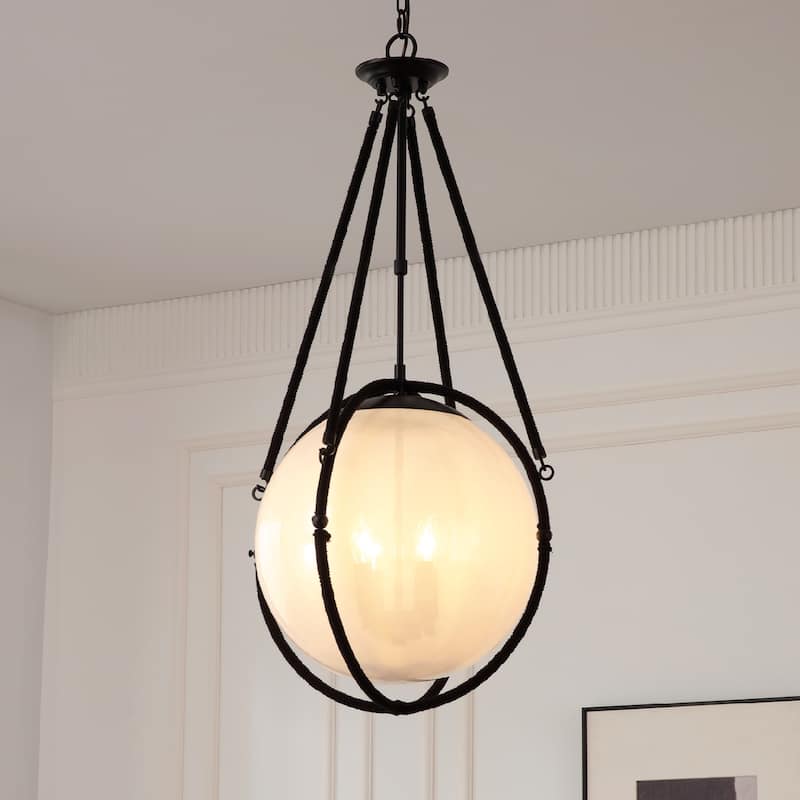 VidaLite Voyager 4-Light Matte Black Pendant, Hanging Pendant Light With Rope Detailing and Smoked Glass Shade - 38" x 18" - Matte Black - 38" x 18"