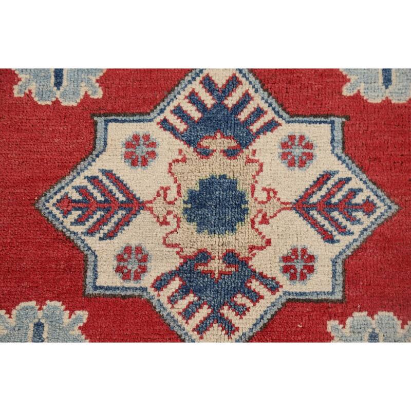 Red Geometric Kazak Oriental Accent Rug Hand-Knotted Wool Carpet - 3'11" x 6'3"
