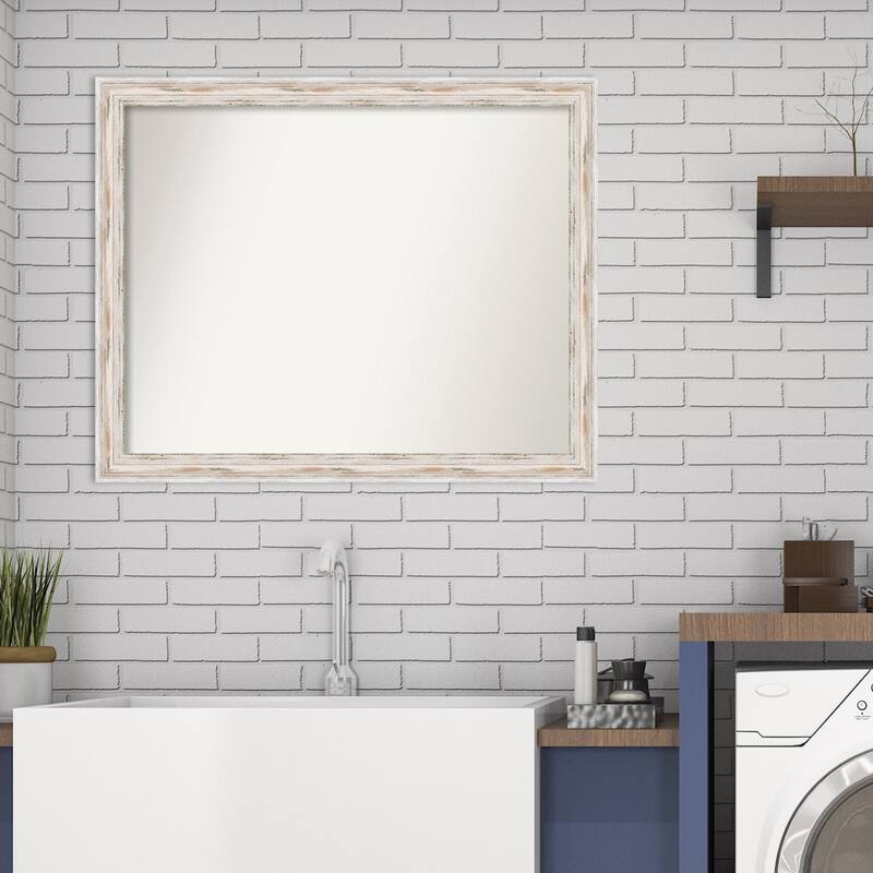 Non-Beveled Wood Bathroom Wall Mirror - Alexandria White Wash Narrow Frame - Alexandria White Wash Narrow