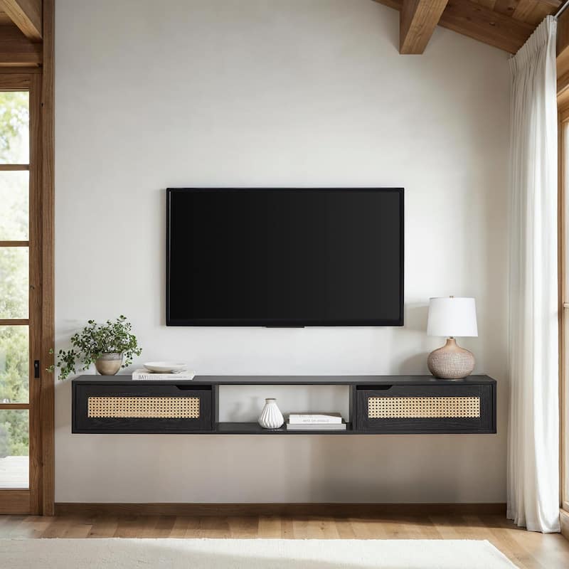 Middlebrook Scandi 70-inch Faux Rattan-Door Floating TV Stand - Black