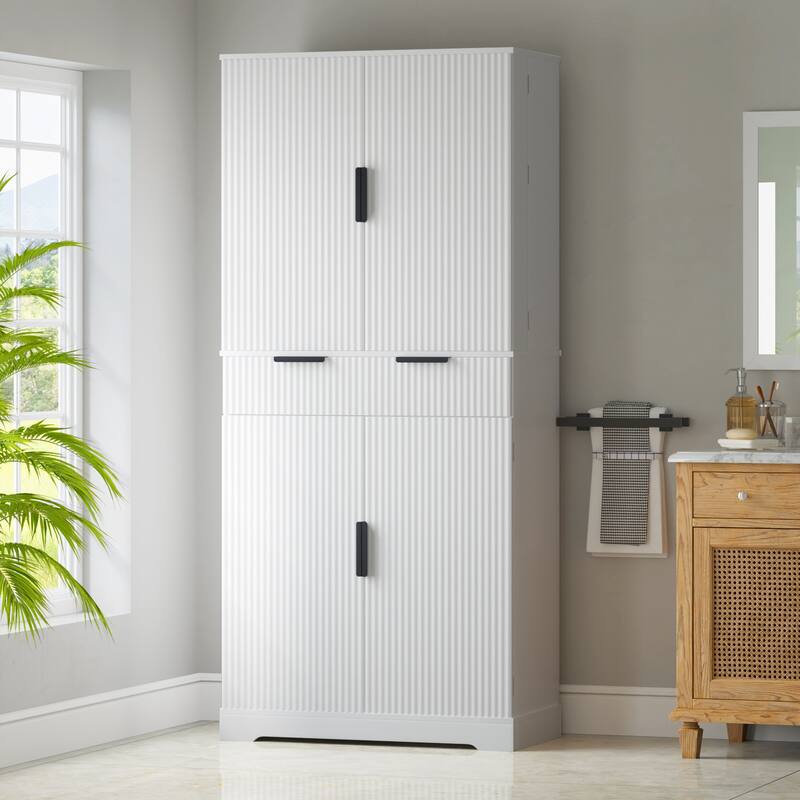 Roomfitters 72" Tall Fluted Kitchen Pantry Cabinet with 4 Pull-Out Drawers & 6 Door Spice Racks - White