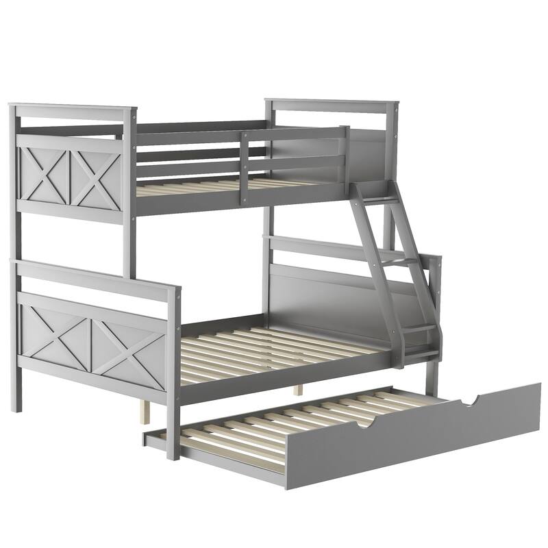 Modern Casual Style Gray Twin over Full Bunk Bed with Ladder Twin Size Trundle and Safety Guardrail Suitable for Bedroom