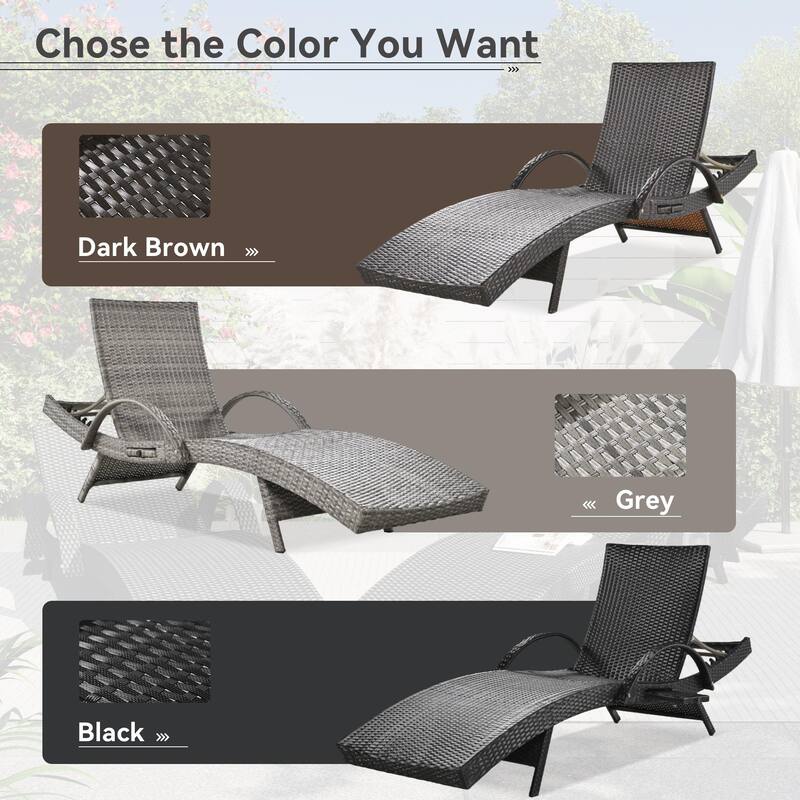 Outdoor Wicker Chaise Lounge w/Adjustable Backrest，Patio Reclining Chair w/Pull-out Side Table