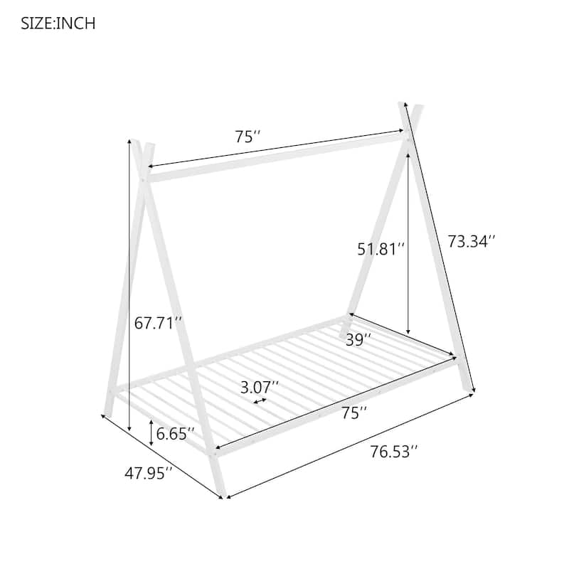 Metal Twin House Bed Frame for Kids, Indoor Tent Bed with Slats and Storage Space, Fun Playhouse Design, No Box Spring Needed