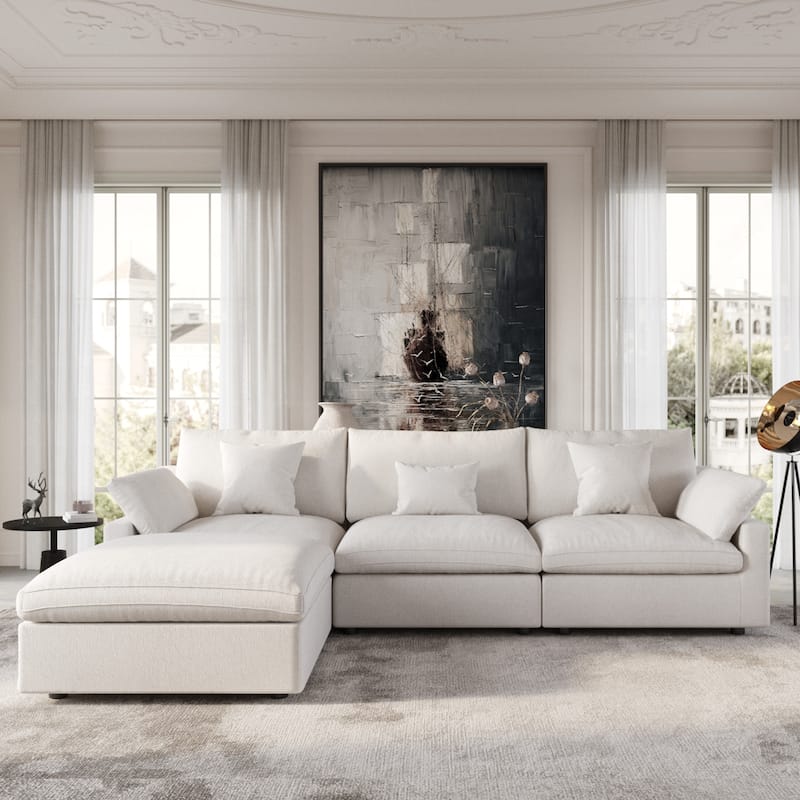 Modular Sectional Sofa Cloud Couch with Ottoman, 119'' L Shaped Linen Blend Fabric Minimalist Sectional Sofa for Living Room