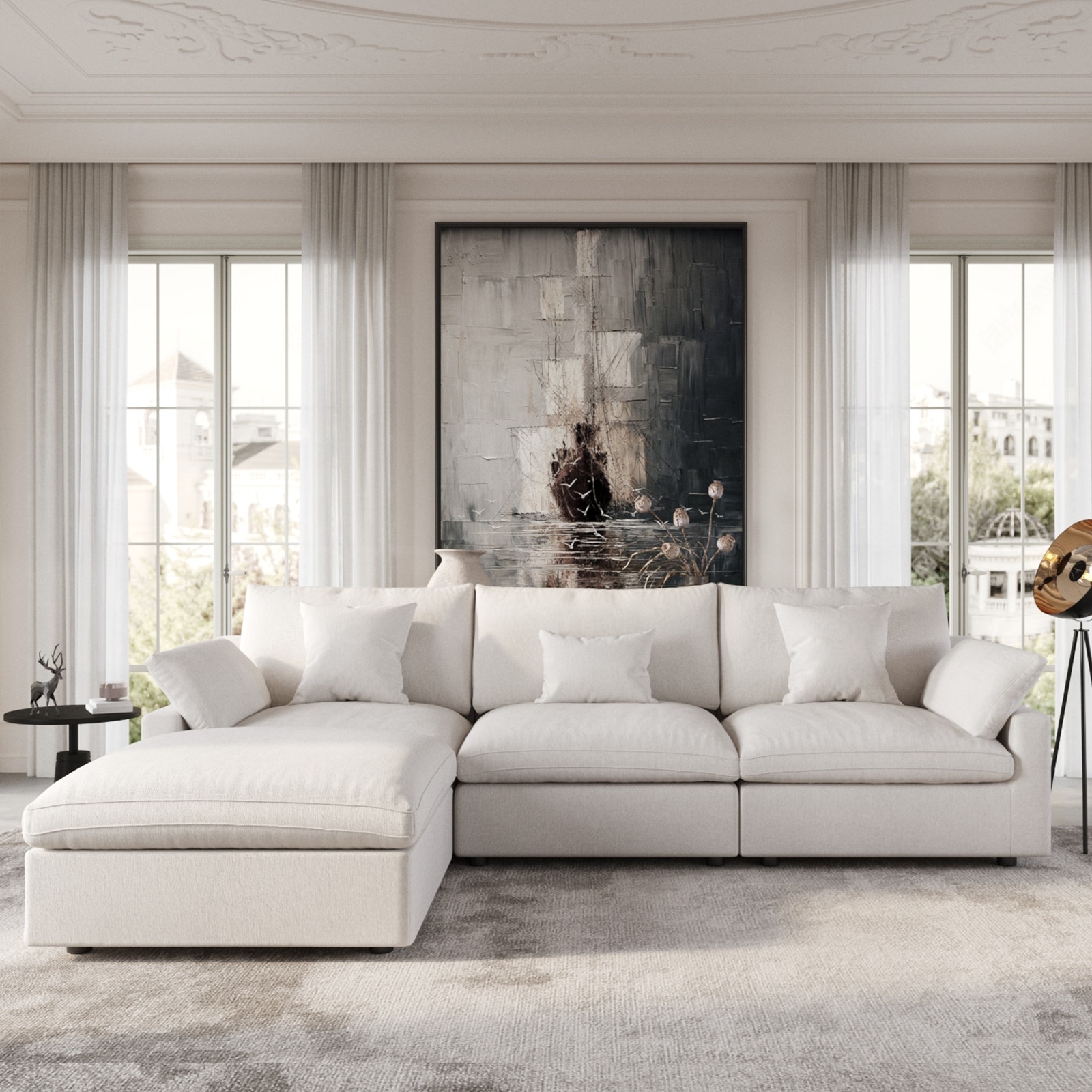 Modular Sectional Sofa Cloud Couch with Ottoman, 119'' L Shaped Linen Blend Fabric Minimalist Sectional Sofa for Living Room