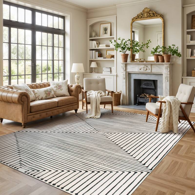 World Rug Gallery Bohemian Stripes Washable Non-Slip Area Rug - 8'x10' - Ivory