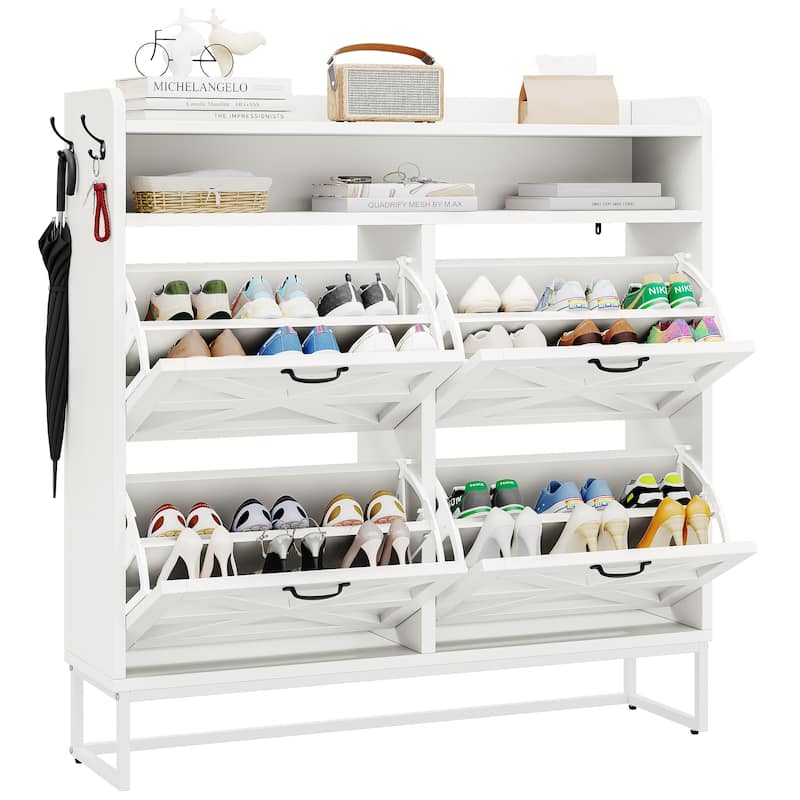 Moasis 24 Pairs Farmhouse Shoe Storage Cabinet 4 Flip Drawers Shoe Organizer - 4 Drawers - White