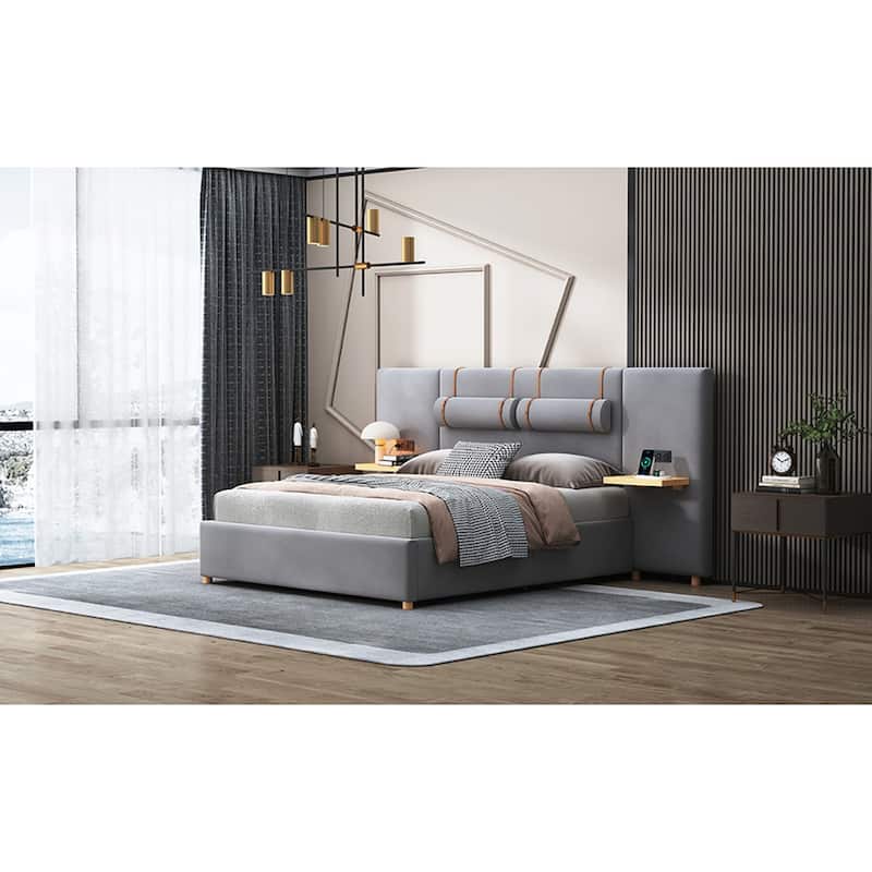 Queen Upholstered Platform Bed with Two Outlets and USB Charging Ports on Both Sides