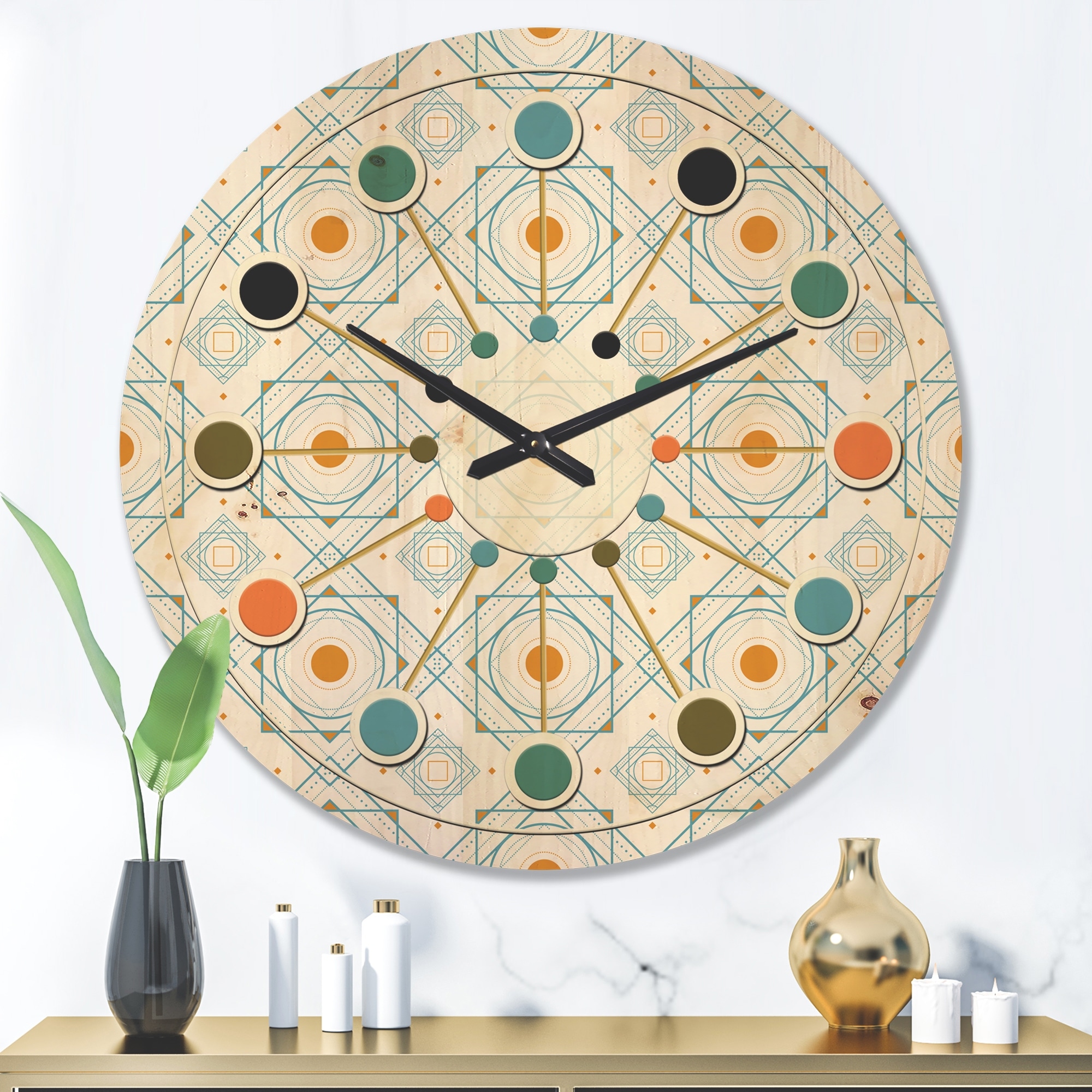 DesignQ 'Retro Minimal Patttern in Blue and Orange' Mid-Century Modern Wood Wall Clock DesignQ 'Retro Minimal Patttern in Blue and Orange' Mid-Century Modern Wood Wall Clock