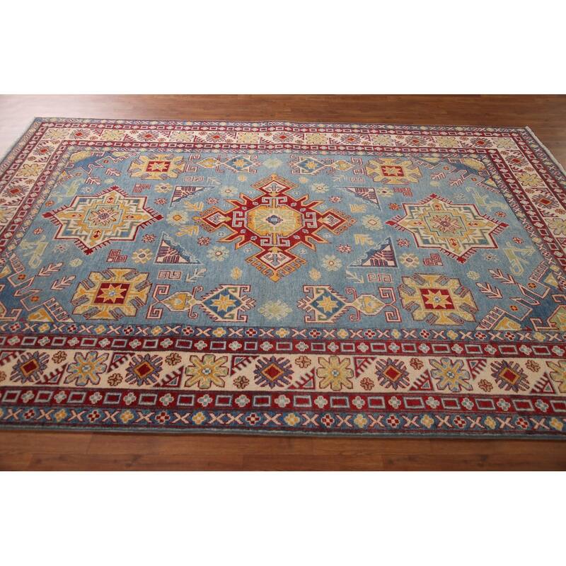 Light Blue Kazak Geometric Area Rug Wool Carpet - 6'7" x 9'10"