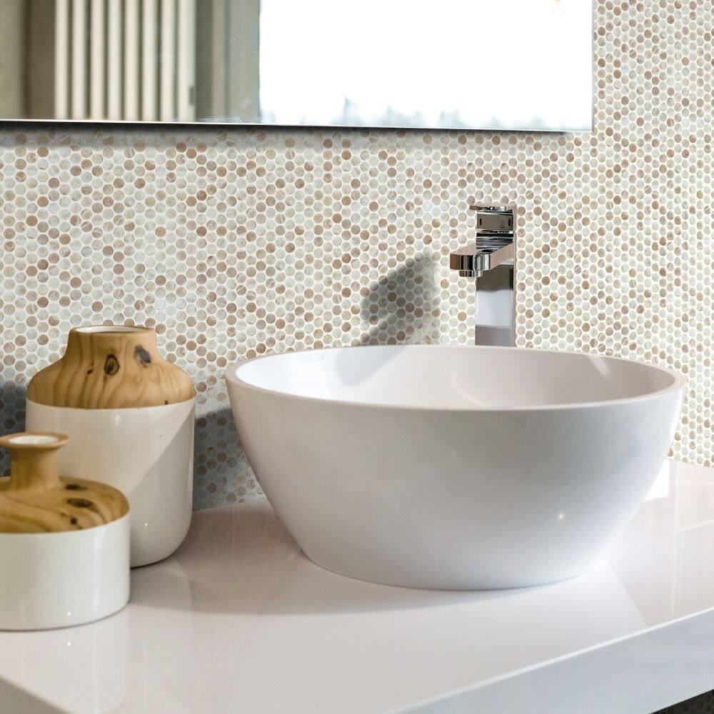 Eterna Penny 12x12 Kara Beige Glass Round Mosaic Tile - Floor, Wall & Backsplash