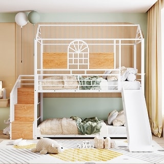 Modern Twin Over Twin Bunk Bed House Bed with Slide and Storage Stair,Solid Construction for Bedroom