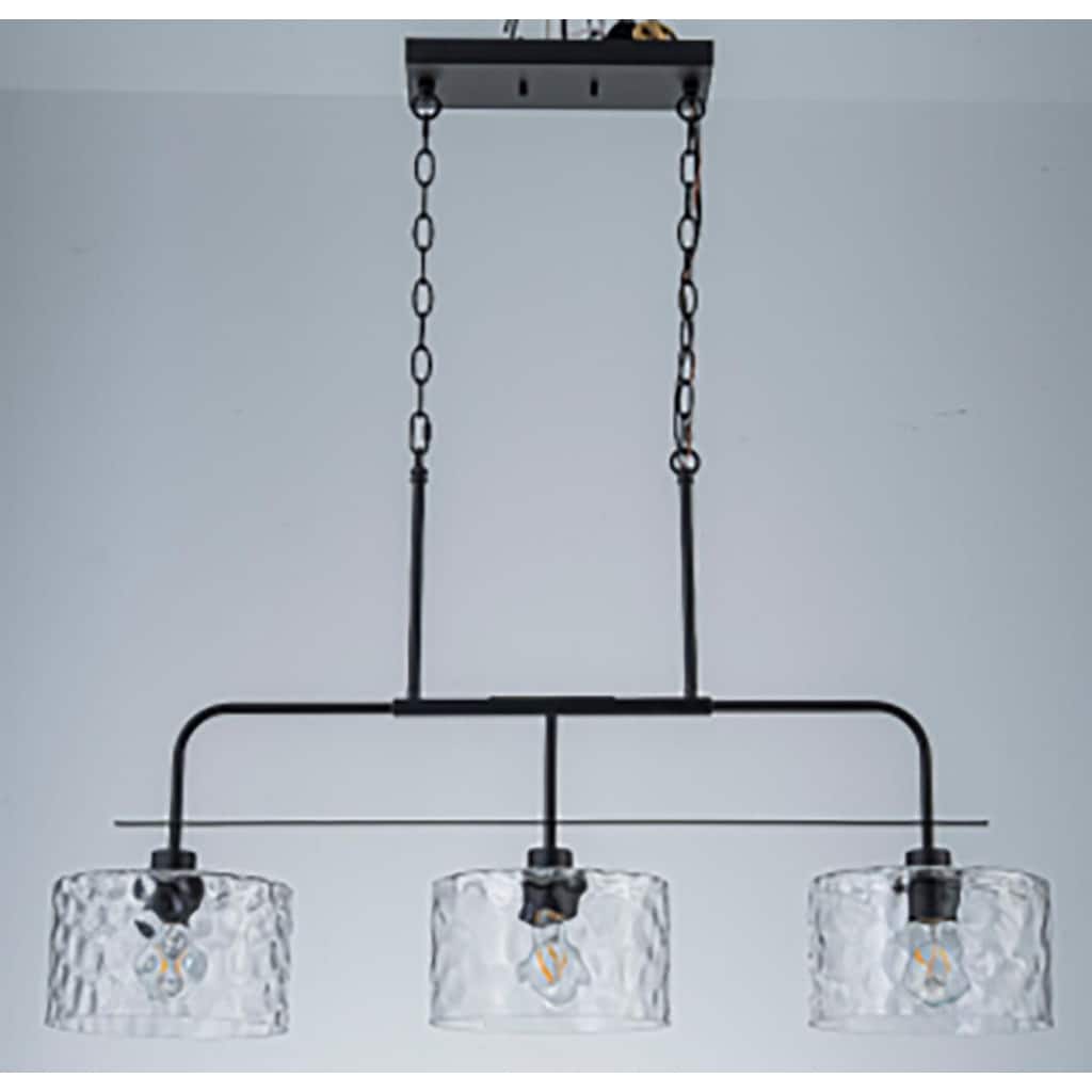 Modern 3-Light Black Pendant Light with Water Ripple Glass Shades for Dining and Living Room