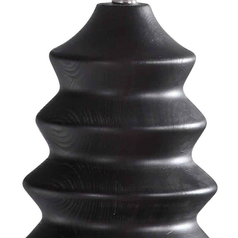 Carved Wood Table Lamp with White Round Hardback Drum Shade - 30" - Black