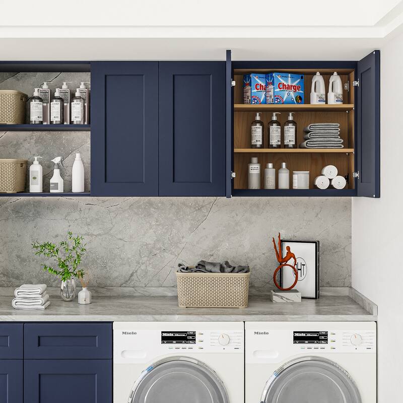 Navy Blue Shaker 30" Solid Wood Wall Cabinet, Soft Close Hinges, Adjustable Shelves, Double Door for Kitchen,Bath,Laundry