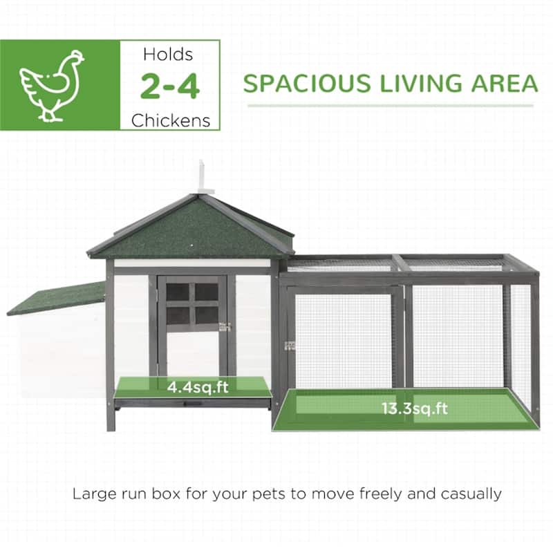 Pine Wood Hen House Coop with Nest Box and Run - 77.25" L x 30" W x 38.25" H