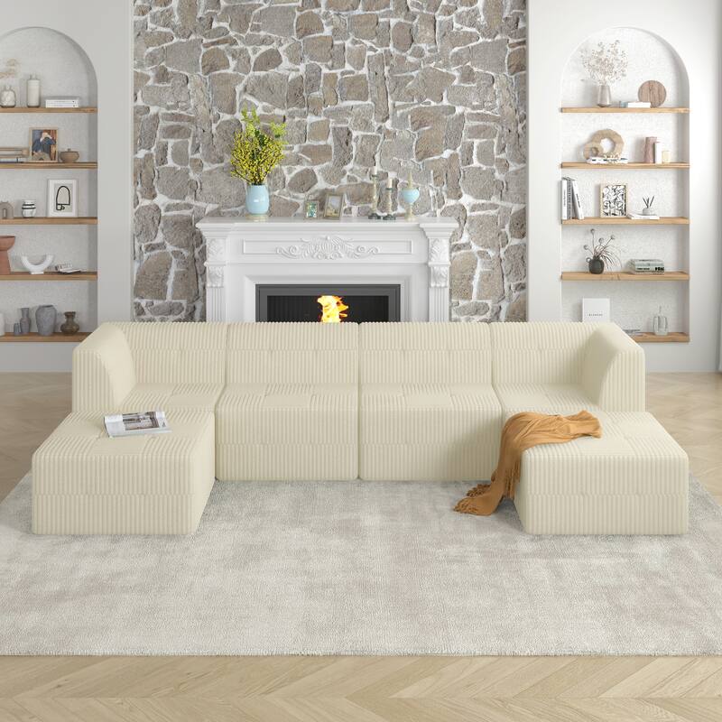 Modular Compressed Chaise Couch U-shaped Sectional Sofa with 2 Ottomans Large Corduroy Upholstered Sofa for Living Room - Beige