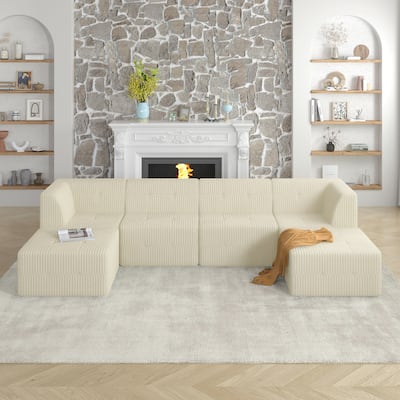 Modular Compressed Chaise Couch U-shaped Sectional Sofa with 2 Ottomans Large Corduroy Upholstered Sofa for Living Room