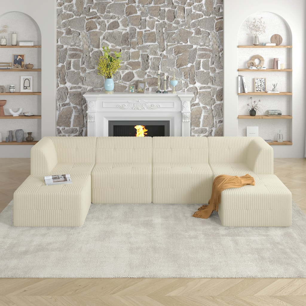 Modular Compressed Chaise Couch U-shaped Sectional Sofa with 2 Ottomans Large Corduroy Upholstered Sofa for Living Room
