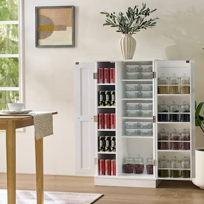 White Freestanding Kitchen Pantry Cabinet – Adjustable Shelves & Doors, Compact Storage for Food, Dining Room or Craft Room