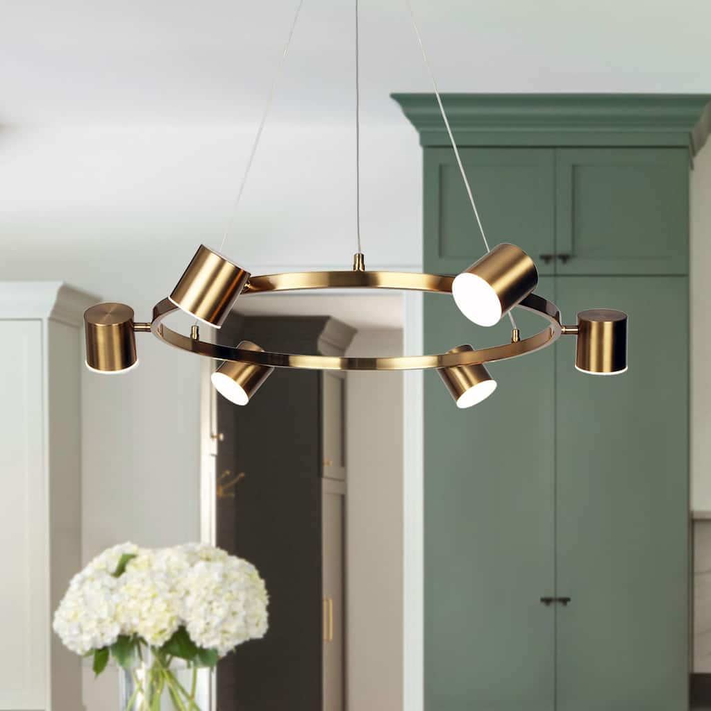 Mid-Century Modern 6-Light Gold LED Wagon Wheel Chandelier Metal Pendant Lights for Dining Room