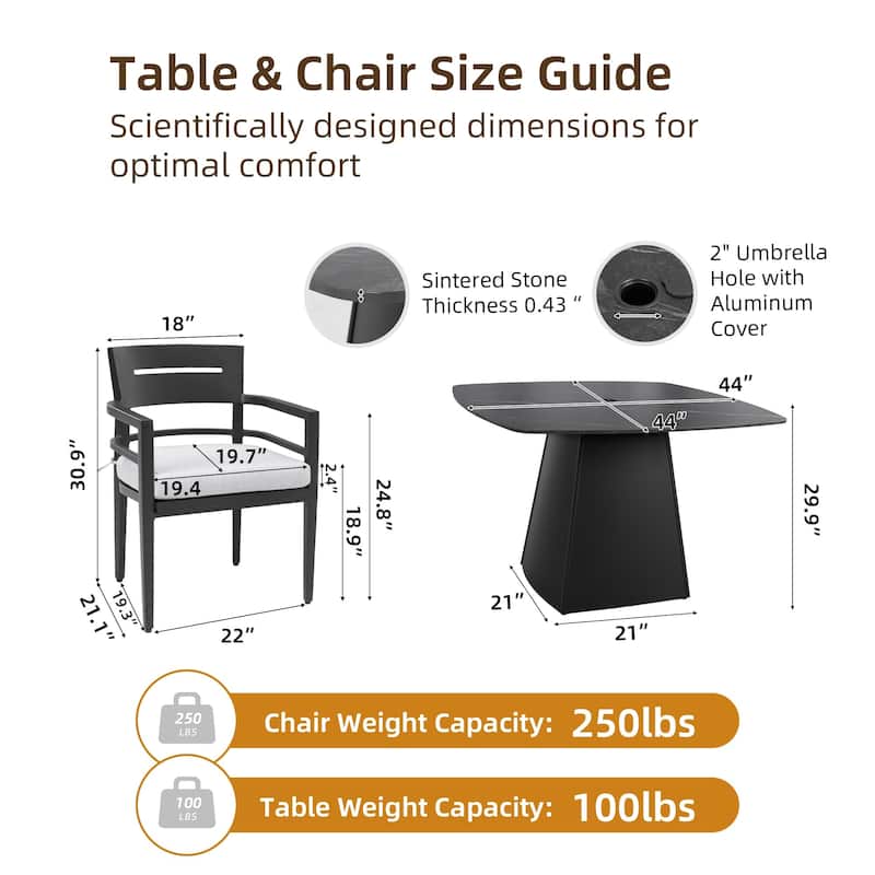 5-Piece Outdoor Aluminum Square Dining Set with Sintered Stone Top, 4 Chairs, Sunbrella Fabric