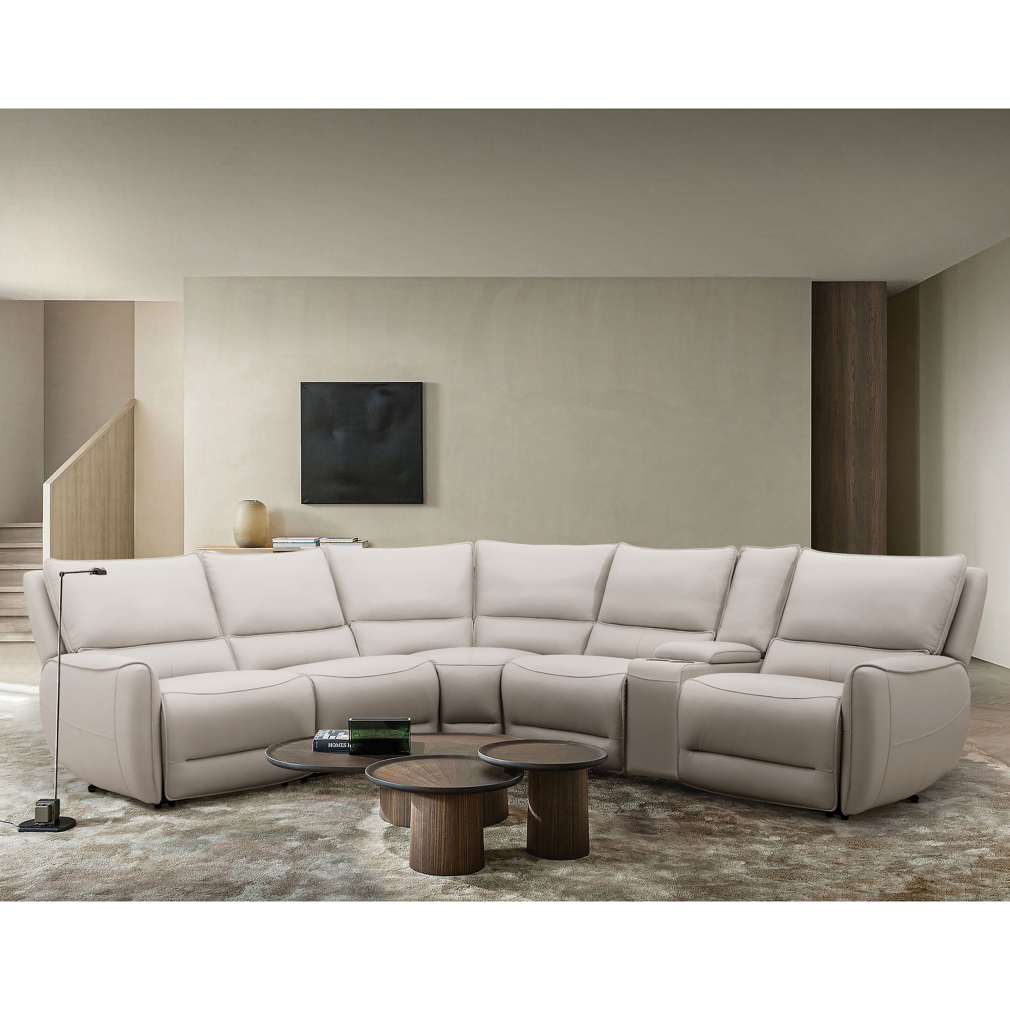 Furniture of America Ohia Modern Beige Leather Recline L-Shape Sectional with USB Charger and Console