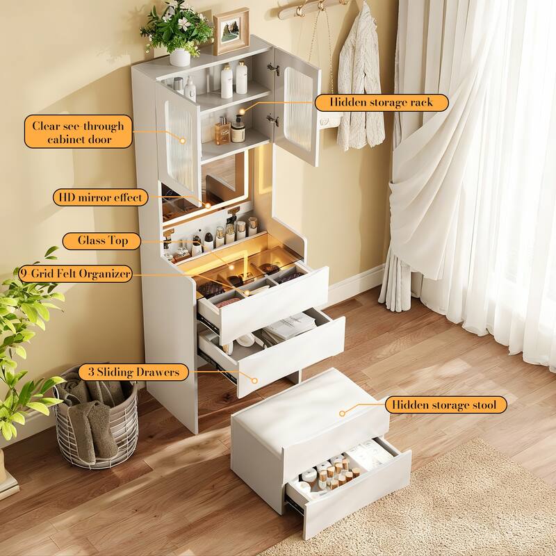 3-in-1 Vanity Table with LED Mirror & Storage Stool, Flip Top Makeup Dressing Table with Adjustable Lights