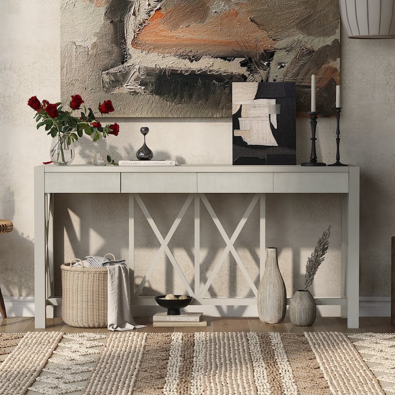 60-Inch Acacia Veneer Entryway Table – 4 Drawers, Crisscross Legs & Open Shelf Storage‌ - Beige