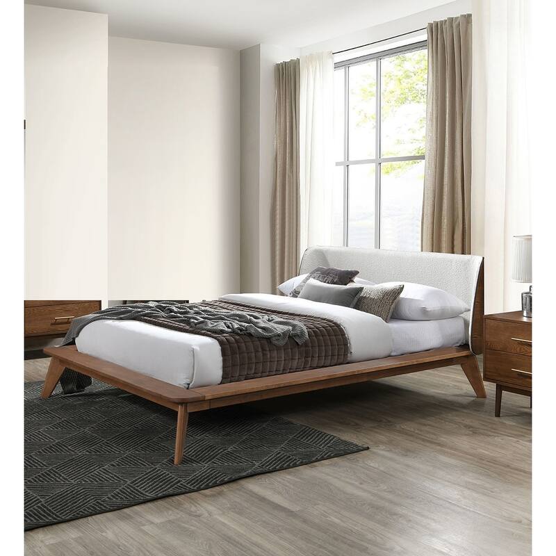 Mid-Century Modern Walnut Beige Full Size Platform Bed with Fabric Winged Edge Headboard