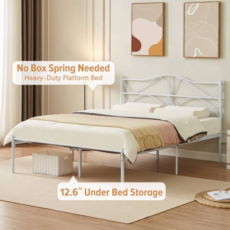 VECELO Wave Design Metal Bed Frame with 12.6" Underbed Storage High Headboard Industrial Platform Bed