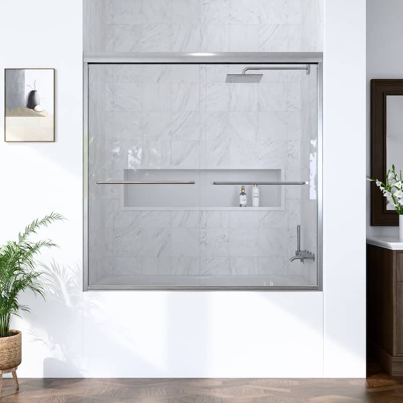 GDFStudio - Modern Minimalist Semi-Frameless Double Sliding Shower Door with 1/4" SGCC Tempered Glass & Stainless Steel Handle - 56"-60"W x 60" H - Brushed Nickel