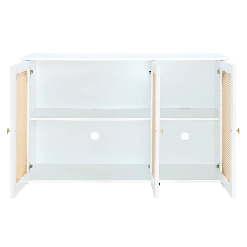 Boho White Buffet Sideboard Bar Cabinet, Diningroom Accent Storage Cabinet TV Console Table with Oval Artificial Rattan Doors