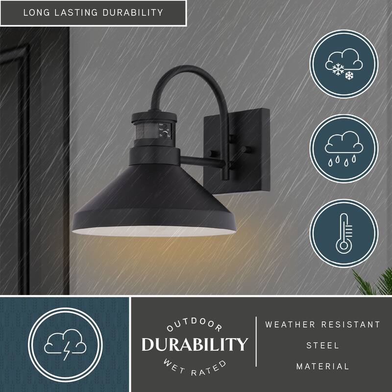VAXCEL Highland Park Matte Black and White Motion Sensor Dusk to Dawn Outdoor Wall Sconce Light Fixture, Steel Shade