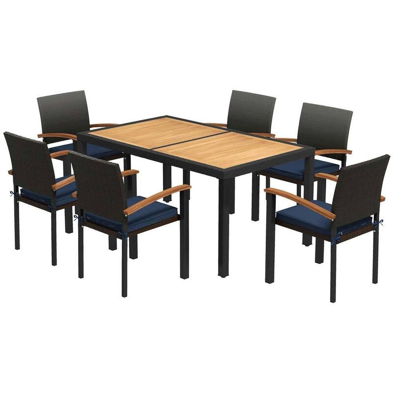 Outdoor Dining Set, Patio Table and Chairs, Acacia Wood Top, Cushions - Black