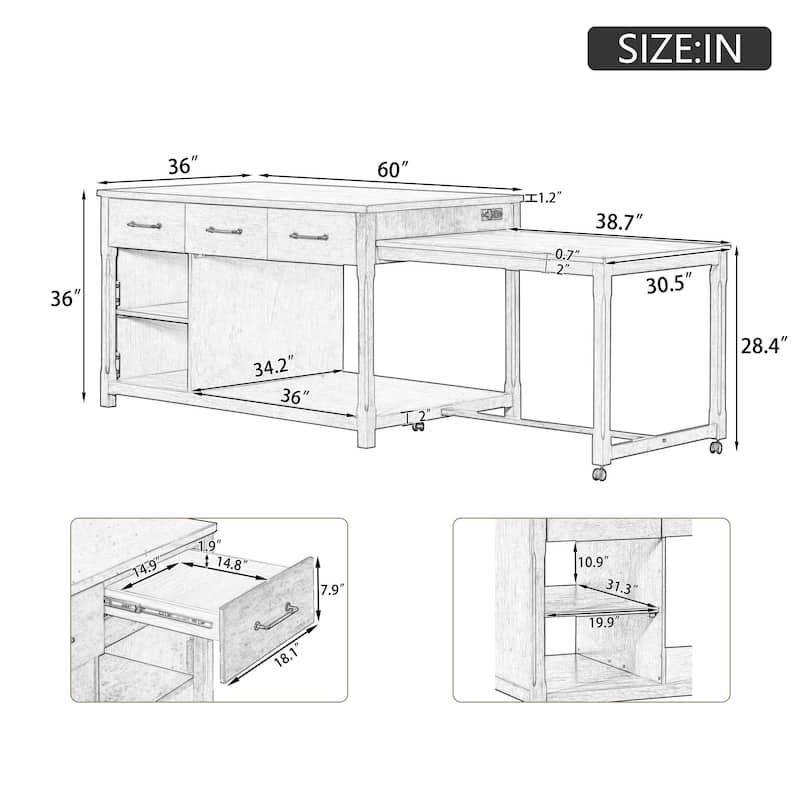 Extendable Kitchen Island with Storage & Open Shelves, Rolling Kitchen Island Cart with Built-In Power Outlets & Drawers