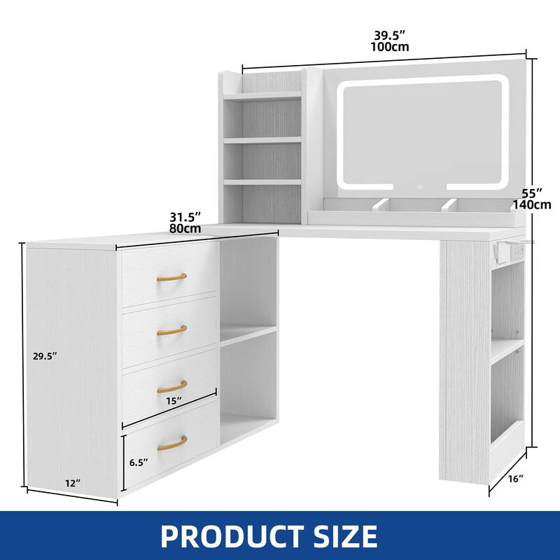 Moasis L-Shape Makeup Vanity Desk with Mirror and Lights & Charging Station